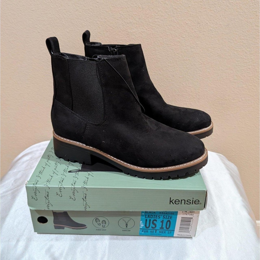 New Kensie Kayla B Women's Faux Suede Chelsea Ankle Boots Black Size 10